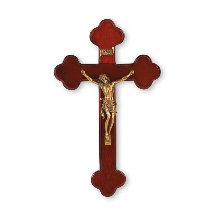10" Budded Dark Cherry Wood Cross with a Museum Gold Finish Corpus