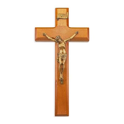 10" Cherry Wood Cross with Museum Gold Finish Corpus