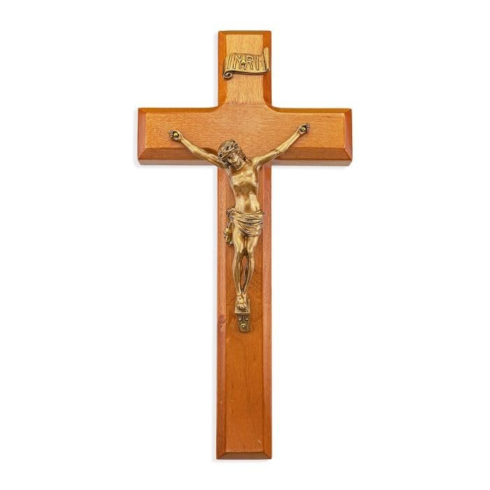 10" Cherry Wood Cross with Museum Gold Finish Corpus