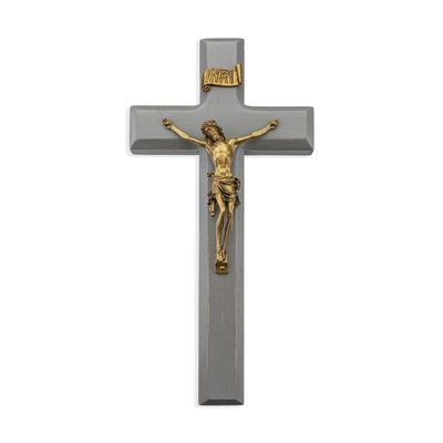 10" Grey Wood Cross with a Museum Gold Tone Corpus