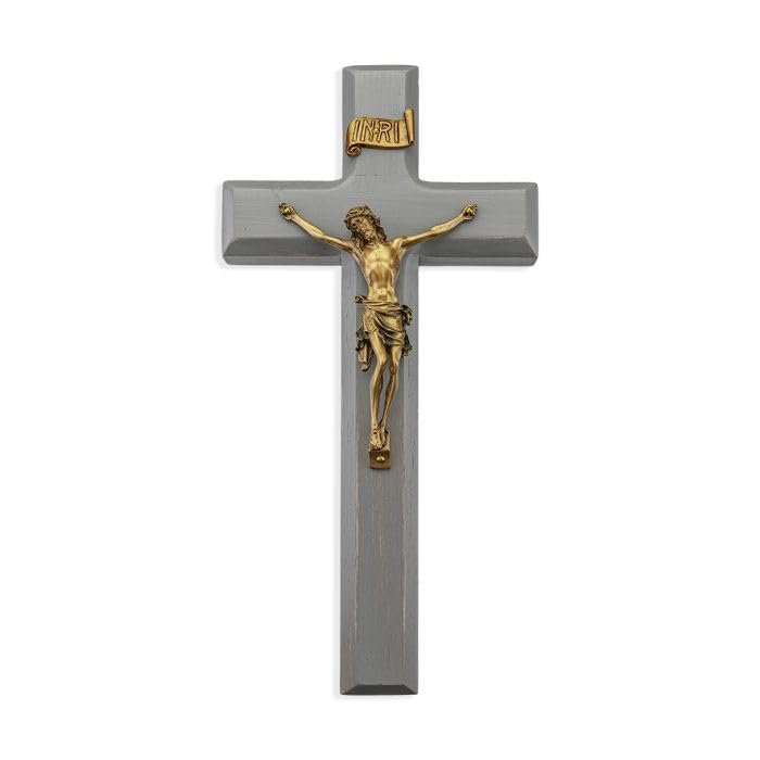 10" Grey Wood Cross with a Museum Gold Tone Corpus