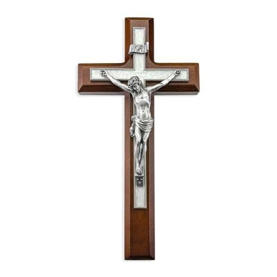 10" Walnut Wood and Pearlized Cross with a Fine Pewter Corpus