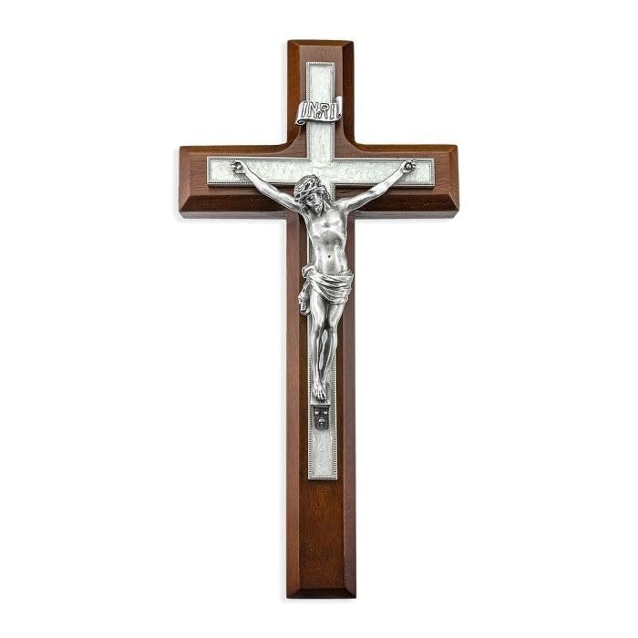 10" Walnut Wood and Pearlized Cross with a Fine Pewter Corpus