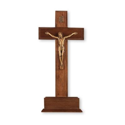 10" Walnut Standing Cross with Museum Gold Finish Corpus