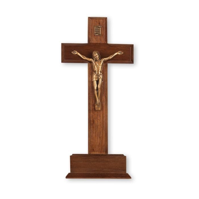 10" Walnut Standing Cross with Museum Gold Finish Corpus