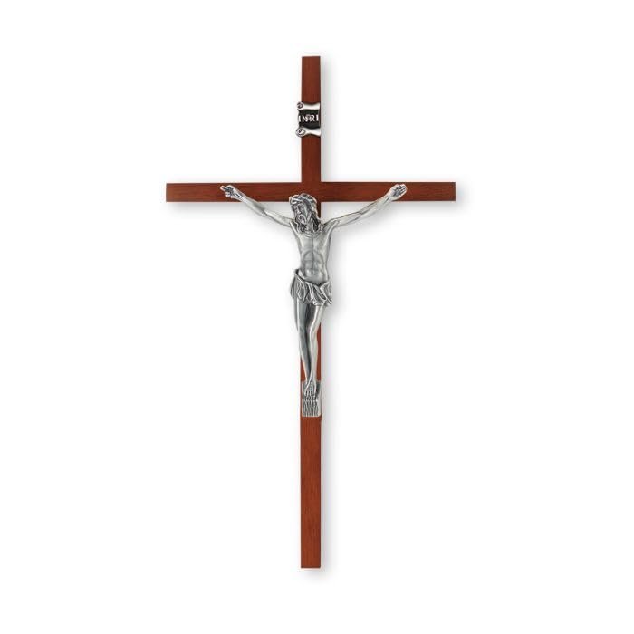 10" Wood Crucifix with Silver Finish Corpus Gift Boxed