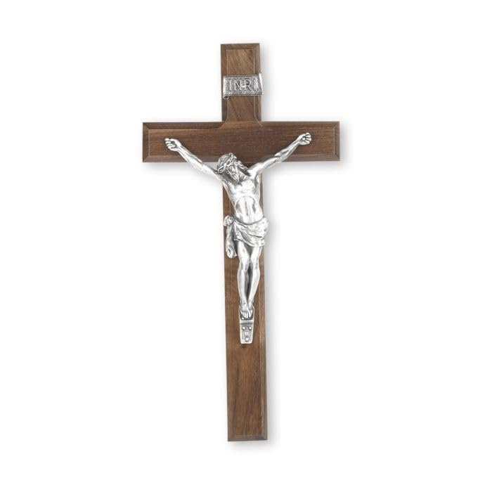 12" Walnut Wood Cross with Antiqued Fine Pewter Corpus