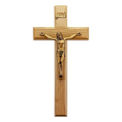 11" Oak Wood Cross with Museum Gold Finish Corpus