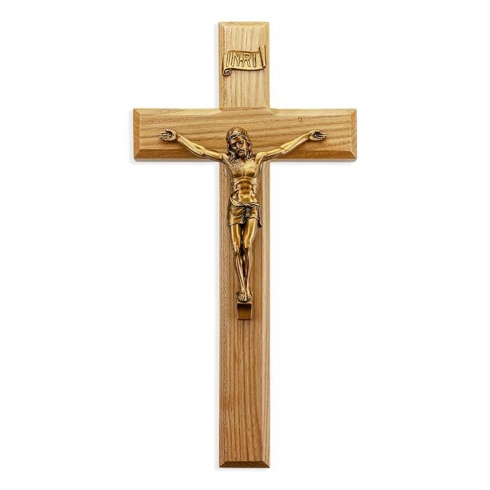 11" Oak Wood Cross with Museum Gold Finish Corpus
