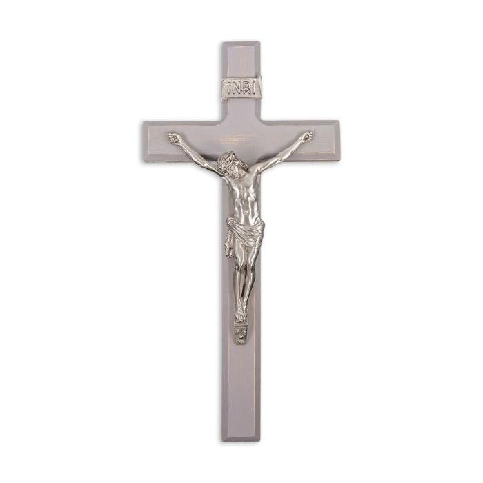 12" Grey Wood Cross with Antiqued Fine Pewter Corpus