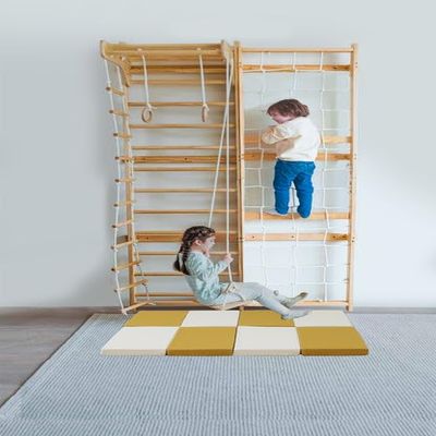 Avenlur Walnut Modular Wall Gym Add-On  Rope Net Climbing Panel (31.9 W x 94.5 H)  Compatible Walnut 9-in-1