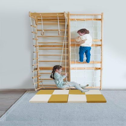Avenlur Walnut Modular Wall Gym Add-On  Rope Net Climbing Panel (31.9 W x 94.5 H)  Compatible Walnut 9-in-1