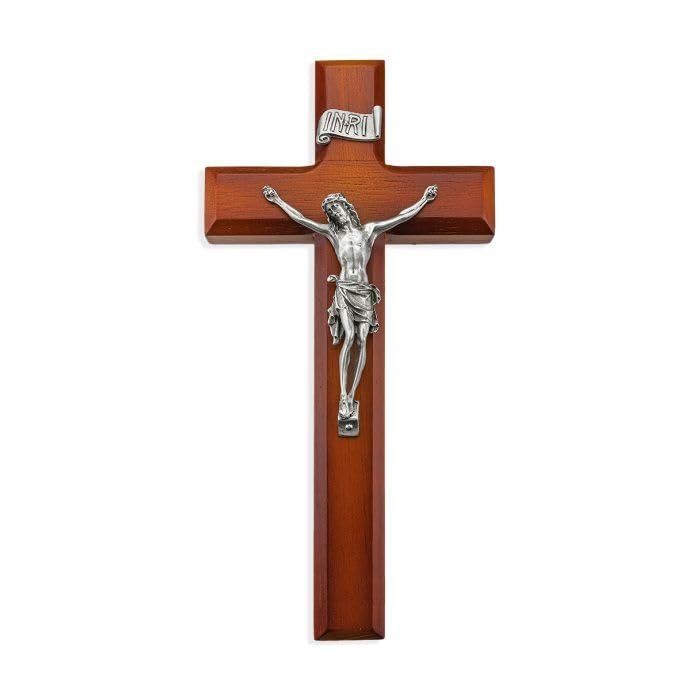 10" Two Tone Wood Cross with a Fine Pewter Corpus