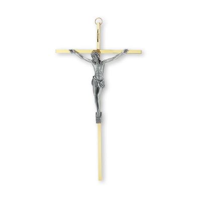 10" Brass Finish Metal Cross with Antiqued Silver Finish Corpus