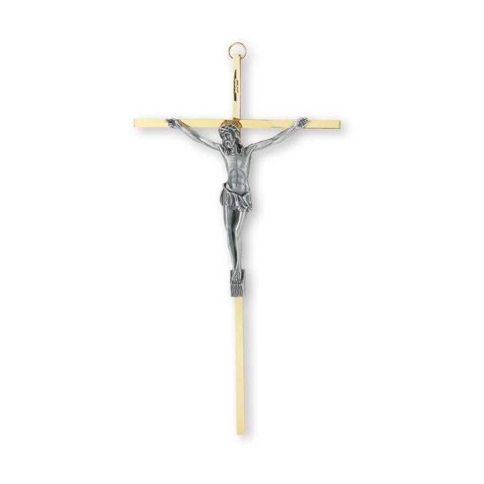 10" Brass Finish Metal Cross with Antiqued Silver Finish Corpus
