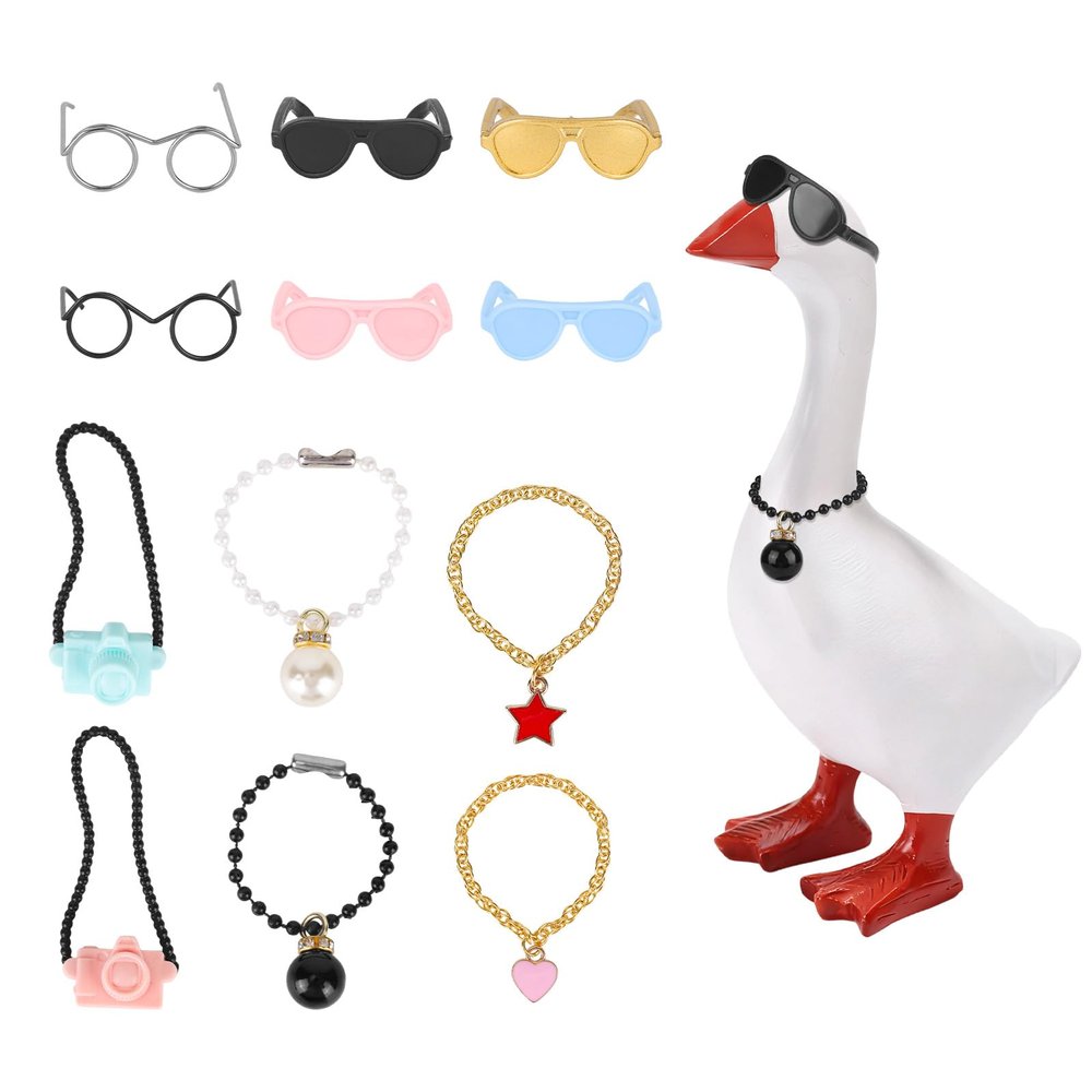 12pcs 7in/17.78cm Small Desk Goose Outfits, Include 6 Mini Sunglasses & 4 Necklace & 2 Camera Magnetic Goose Key Holder Accessories Funny Tiny Desktop Decoration for Office Home