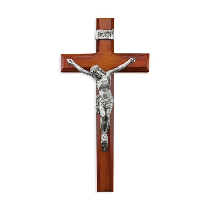 12" Two Tone Wood Cross with Antiqued Pewter Corpus