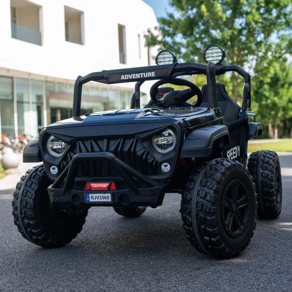 24V 2-Seater Ride-On Truck for Kids, Parent Remote Control, Real Metal Frame, High Power Dual Seat, Spring Suspension, LED Headlights, Bluetooth Music, 3-Speed, Safety Belt, Black
