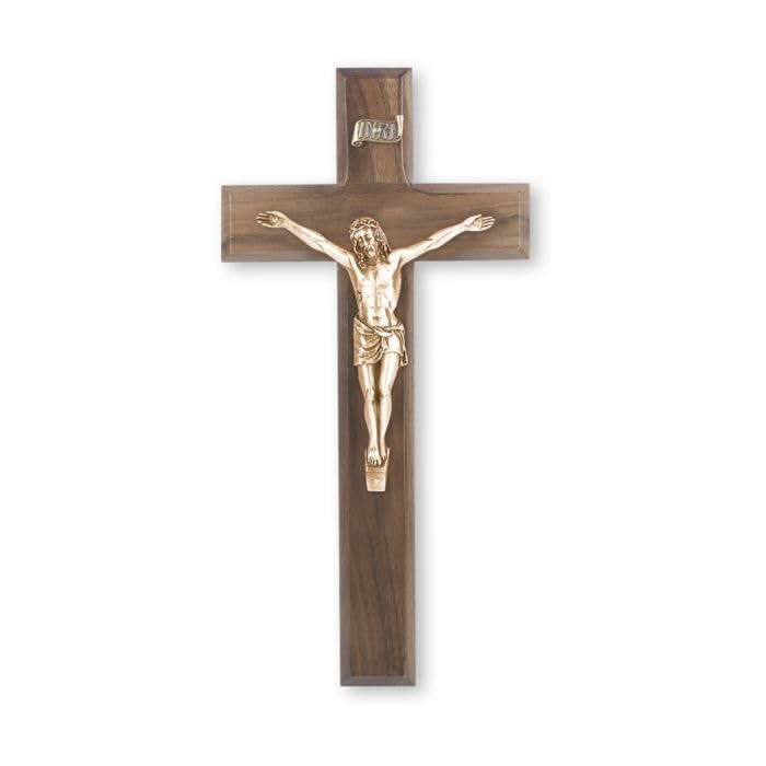 10" Walnut Wood Cross with Museum Gold Finish Antiqued Corpus