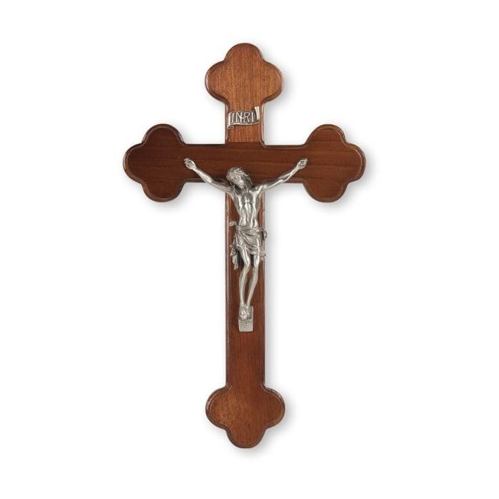 10" Budded Walnut Wood Cross with a Fine Pewter Corpus