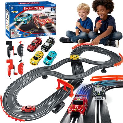 Slot Car Race Track Sets with 4 High-Speed Racing Cars, 2 Control Method Hand-cranked and Electric Generator, Car with Dual Racing Lap Counter Circular Overpass Track Toys Gifts for Kids and Adults