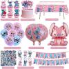 101PCS For Stitch Party Supplies, Birthday Decorations Set Include Banner, Balloons, Stickers, Hanging Swirls, Cake Cupcake Toppers, Tablecloth for Girls Pink Stitch Theme Party view 2