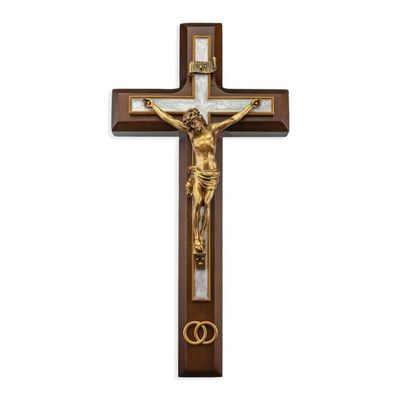 10" Walnut Wood and Pearlized Cross with a Gold Finish Corpus and Wedding Rings