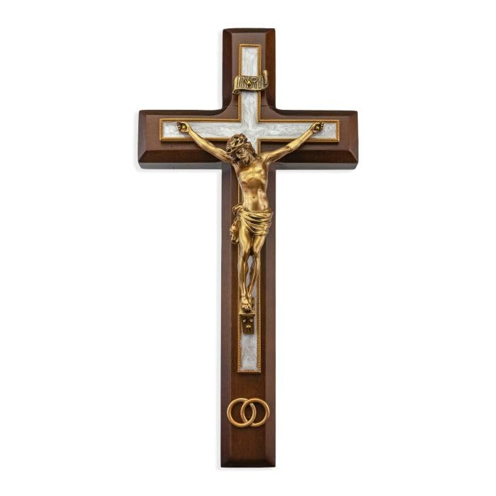 10" Walnut Wood and Pearlized Cross with a Gold Finish Corpus and Wedding Rings