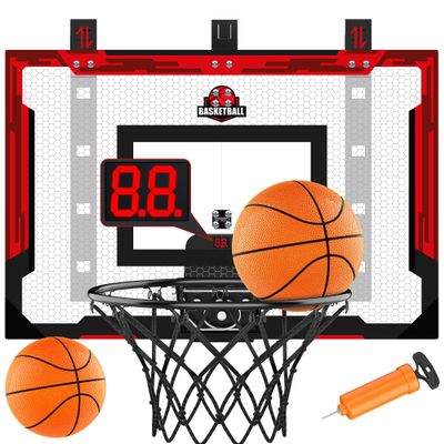 24" x 16" Indoor Large Basketball Hoop Toy - Upgraded Adjustable Height Basketball Hoop Over The Door with Scoreboard/2 Balls, Basketball Toys Christmas Birthday Gifts for Kids & Adults(Red)