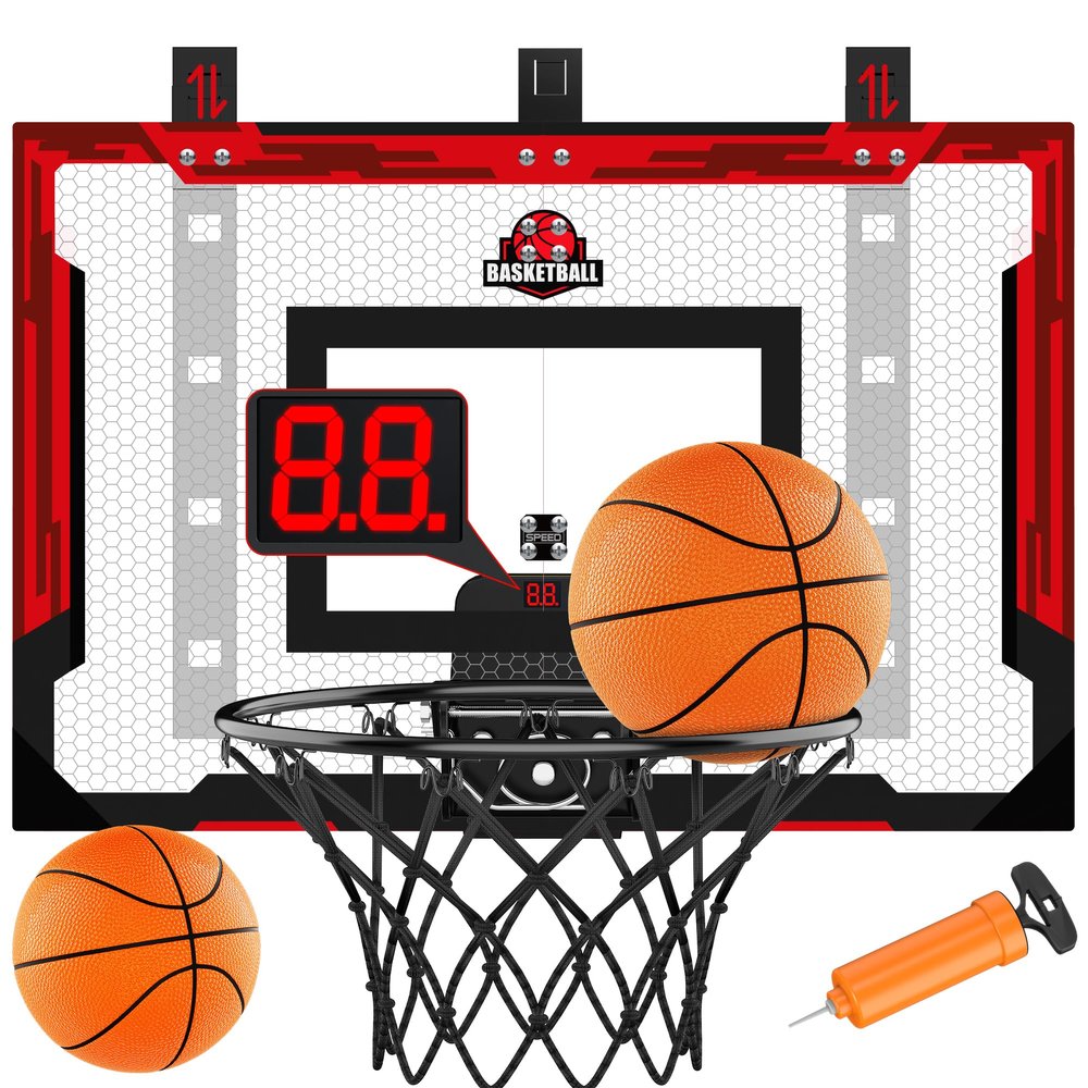 24" x 16" Indoor Large Basketball Hoop Toy - Upgraded Adjustable Height Basketball Hoop Over The Door with Scoreboard/2 Balls, Basketball Toys Christmas Birthday Gifts for Kids & Adults(Red)