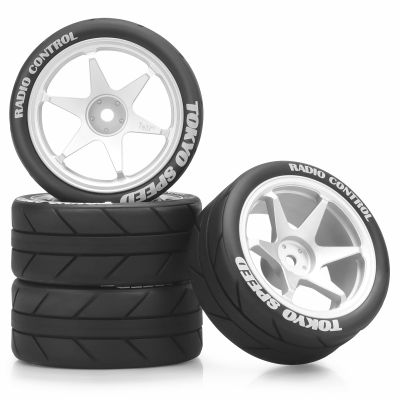 1/10 RC On Road Tires and Aluminum Wheels, daitoku 12mm Hex RC Rally Racing Car Tires for Tamiya TT01 TT02 XV01 TA06 A959 PTG2 HPI KYOSHO PTG2 Traxxas - Style B (Silver)