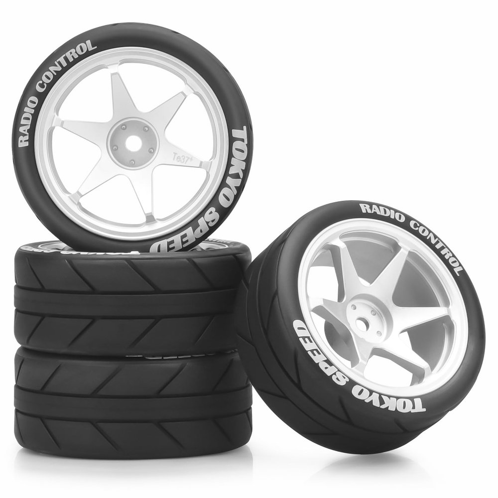 1/10 RC On Road Tires and Aluminum Wheels, daitoku 12mm Hex RC Rally Racing Car Tires for Tamiya TT01 TT02 XV01 TA06 A959 PTG2 HPI KYOSHO PTG2 Traxxas - Style B (Silver)