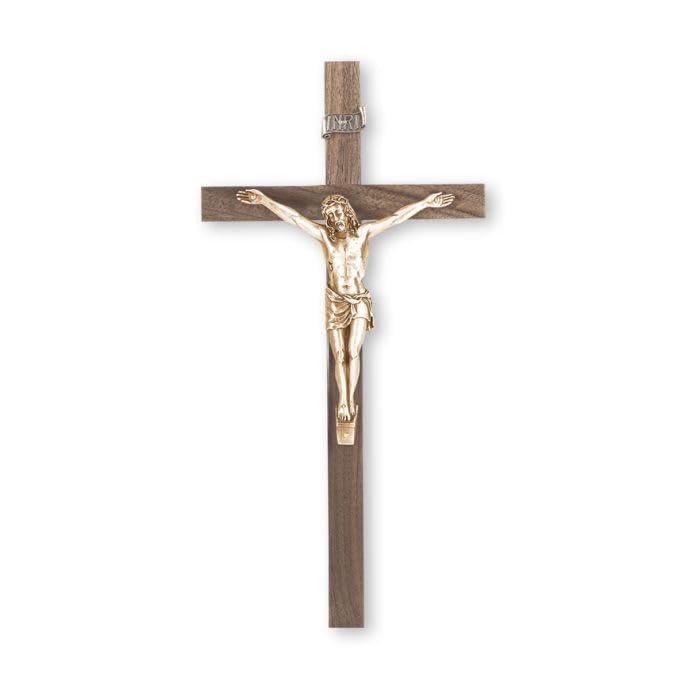 10" Walnut Wood Cross with Museum Gold Finish Antiqued Corpus Crucifix