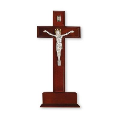 10" Standing Dark Cherry Wood Cross with a Silver Finish Italian Corpus