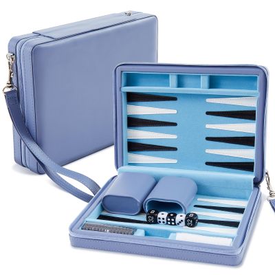 Jerify Travel Backgammon Set Board Games for Adults Portable Backgammon 9.4 x 7.1 inches Leatherette Case Classic Strategy Game for Families Companion Airplane, Camping(Blue)