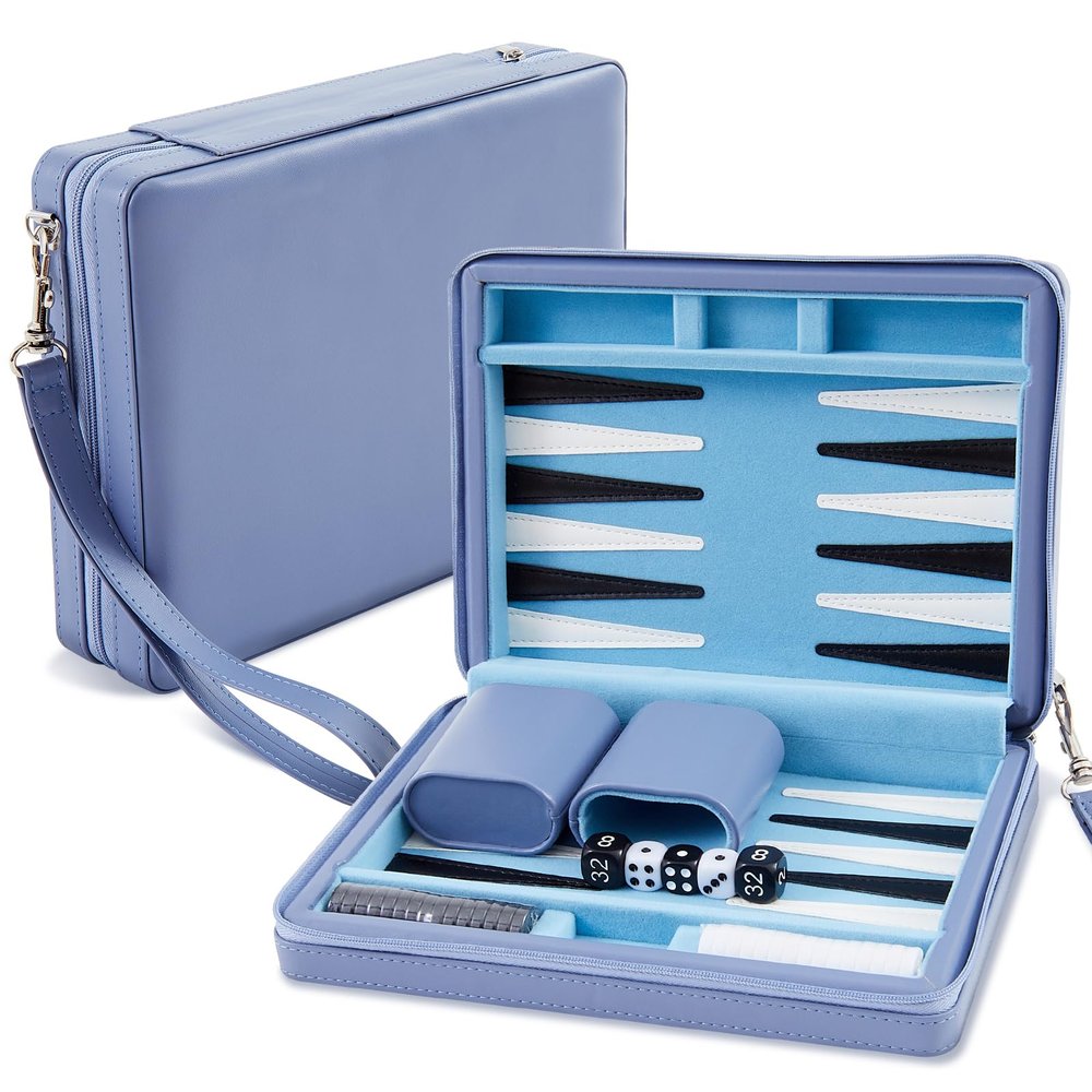 Jerify Travel Backgammon Set Board Games for Adults Portable Backgammon 9.4 x 7.1 inches Leatherette Case Classic Strategy Game for Families Companion Airplane, Camping(Blue)