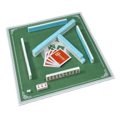 Aoucomeay Chinese Mahjong Tile Set, Medium Size 1.4 Inches (36 mm), 144 Pieces of Melamine Tiles, with Travel Bag, Table Mat, English Instructions Manual (Lake Water Blue)