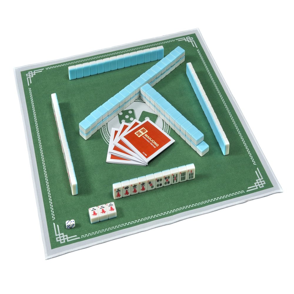 Aoucomeay Chinese Mahjong Tile Set, Medium Size 1.4 Inches (36 mm), 144 Pieces of Melamine Tiles, with Travel Bag, Table Mat, English Instructions Manual (Lake Water Blue)