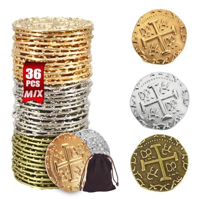 Large Metal Pirate Coins Gold Treasure Coin Set, Metal Replica Spanish Doubloons for Board Games, Tokens,Realistic Money Imitation for Treasure Chest - Size 1.18" (Gold 12/Silver 12/Bronze 12)