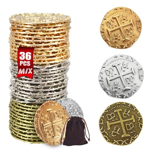 Large Metal Pirate Coins Gold Treasure Coin Set, Metal Replica Spanish Doubloons for Board Games, Tokens,Realistic Money Imitation for Treasure Chest - Size 1.18" (Gold 12/Silver 12/Bronze 12)