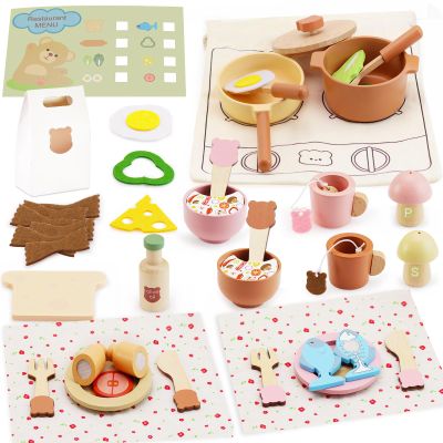 Crelloci Wooden Kitchen Playset for Kids, 45 PCS Pretend Cooking Toy with Velcro-Cutting Food, Pots, Pans & Utensils, Montessori Toddler Cooking Set, Gift for Girls & Boys Ages 3+