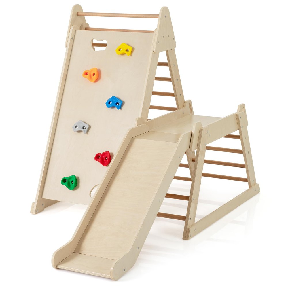 Costzon Indoor Playground for Kids, Toddler Jungle Gym Climbing Toys with Extended Slide, Rock Climbing, Wooden Kids Climber & Play Structure, Montessori Climbing Toys for 3+ Boys & Girls Gifts