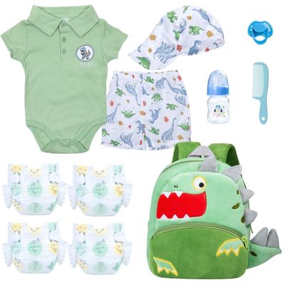 11 Pcs Reborn Baby Doll Clothes Boy Dinosaur Outfit Accessories for 17-22 Inch Reborn Boy Dolls 20 Inch Newborn Baby Boy Clothes Green Accessories with Backpack
