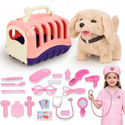 Rolevoria Doctor Kit for Toddlers, 27 Pcs Veterinarian Playset with Walking Dog Toy, Carrying Bag, Stethoscope & Dress Up Costume, Pretend Play Vet Toy for Girls Christmas Birthday Gift Ages 3-6