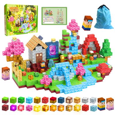 HEJIHUI 300 PCS Magnetic Blocks with Light Up Blocks - Magnetic Building Blocks for Kids Ages 3-5+, Magnetic Construction Set with Storage Bag, Educational Birthday Gifts for Boys & Girls (Village)