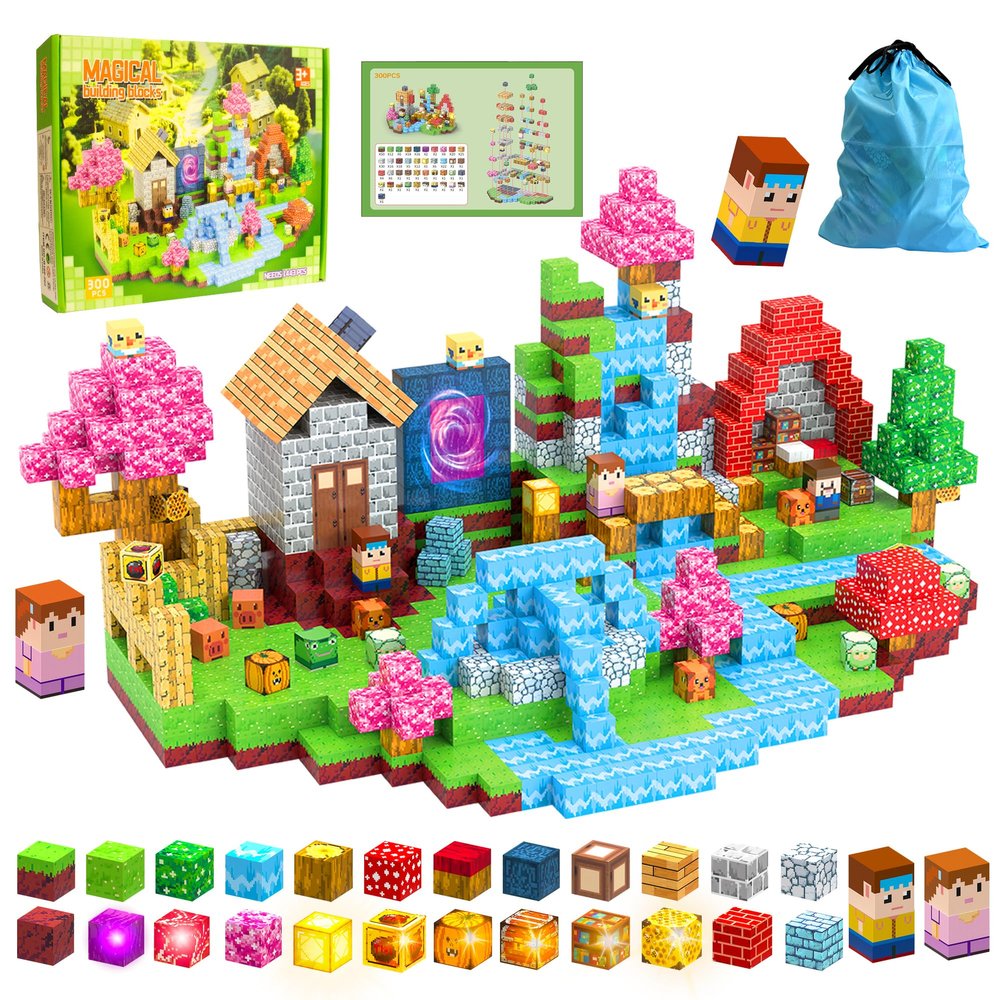 HEJIHUI 300 PCS Magnetic Blocks with Light Up Blocks - Magnetic Building Blocks for Kids Ages 3-5+, Magnetic Construction Set with Storage Bag, Educational Birthday Gifts for Boys & Girls (Village)