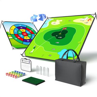 1GoTo-G 58" x 58" Battle Golf Chipping Game - 2-in-1 Sticky Golf Game Set, Large Chipping Mat with 20 Sticky Balls for Chipping Practice - Fun Family Party Game for Indoor and Outdoor Use