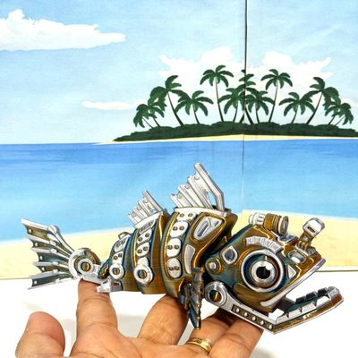 3D Printed Articulating Cyber Fish, 7" Futuristic Cyber Fish Fidget Toy Unique Desk Futuristic Display Piece, Sea Animal Creatures, PLA Flexible Fish Sensory Toy - ACF (Orange Blue Green)