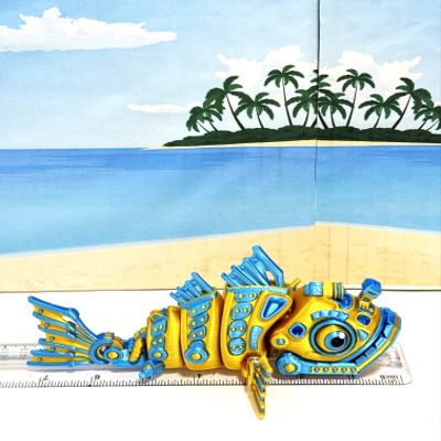 3D Printed Articulating Cyber Fish, 7" Futuristic Cyber Fish Fidget Toy Unique Desk Futuristic Display Piece, Sea Animal Creatures, PLA Flexible Fish Sensory Toy - ACF (Gold/Blue)
