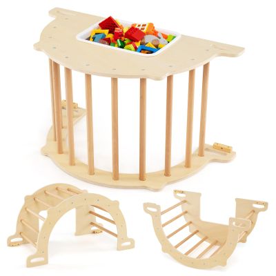 Costzon Wooden Arch Sensory Table for Kids, 8 in 1 Montessori Climbing Gym with Collapsible Storage Bin, Wooden Rocker Toy Learning Playset for Children 3+ Years Old Gifts (Large)
